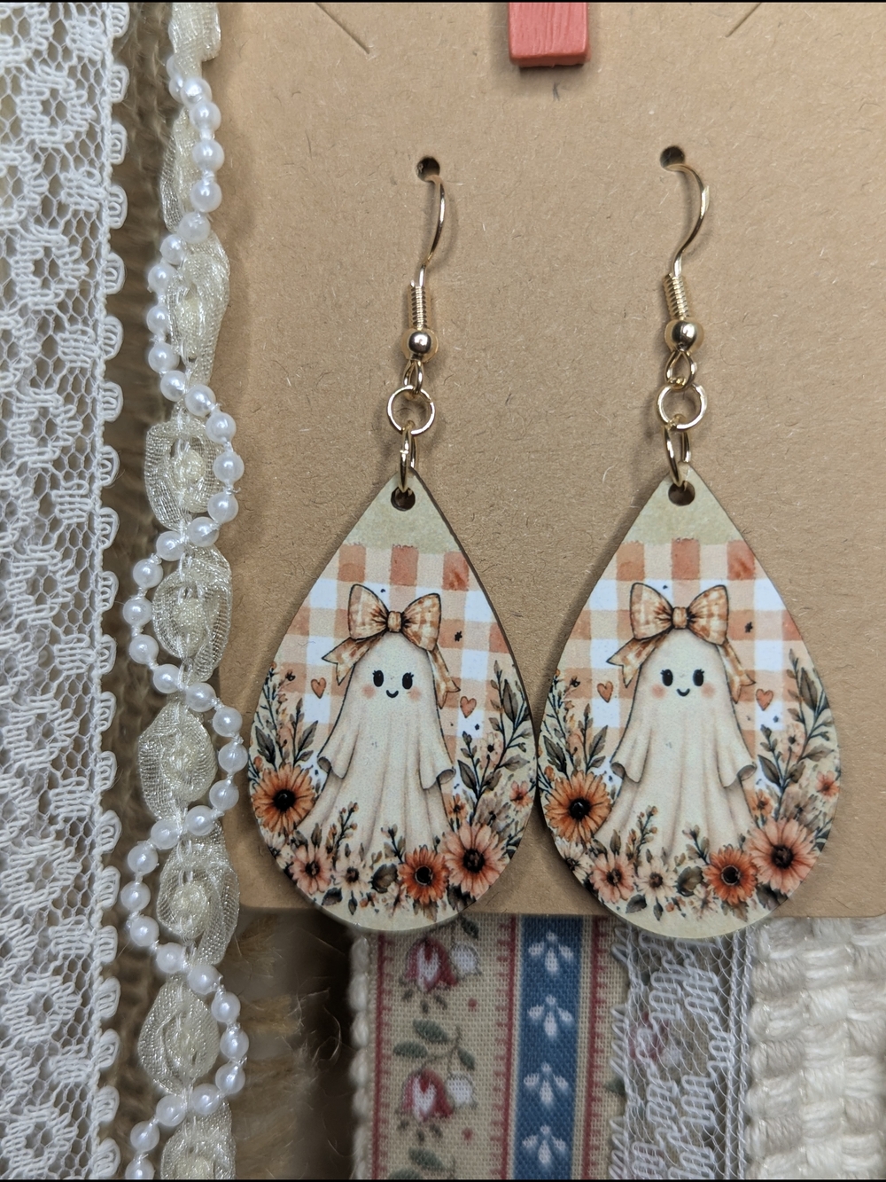 Cute Halloween Ghost Teardrop Earrings in Peach & Cream - Picture 2 of 5